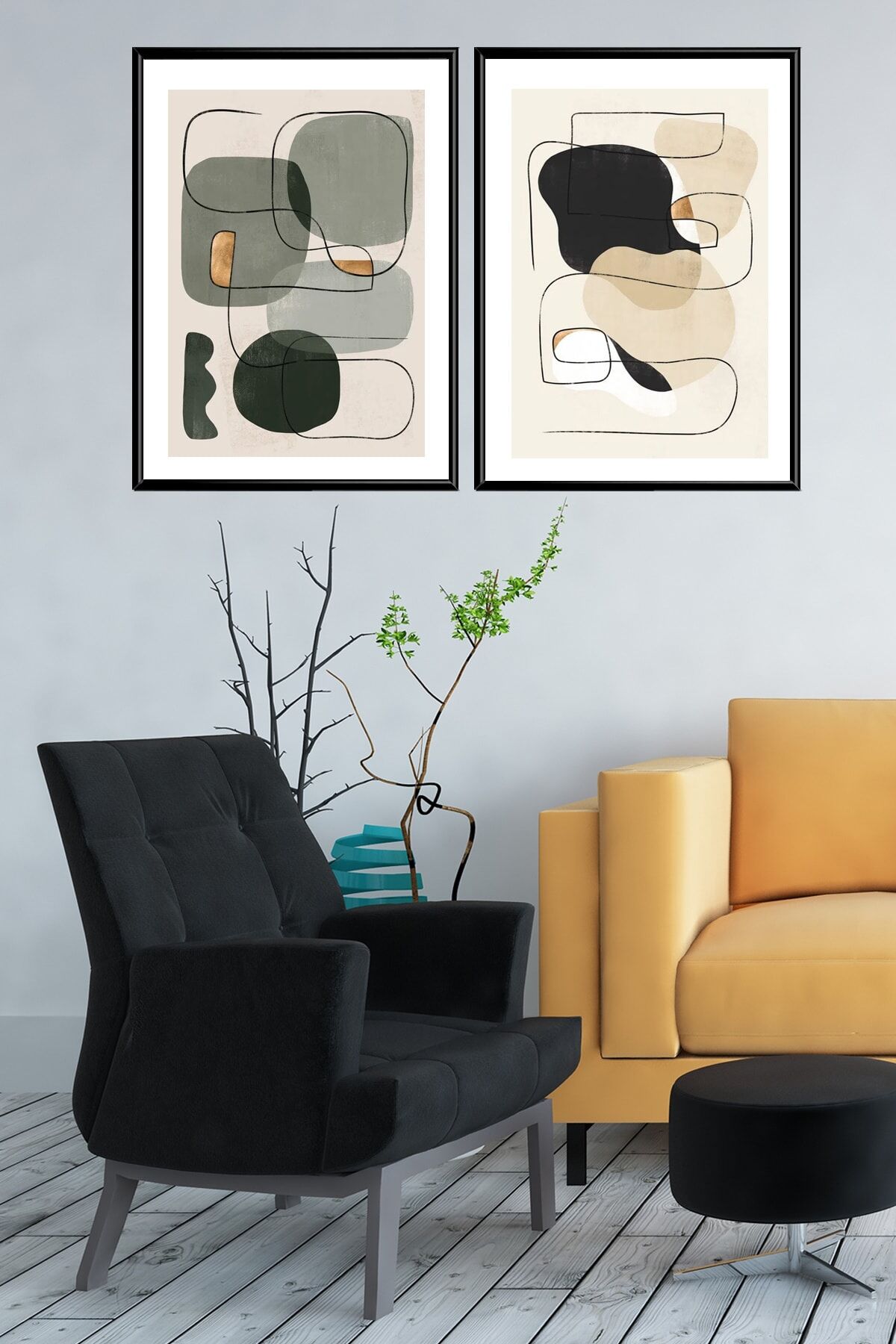 Ikili Siyah Alüminyum Metal Çerçeveli Soyut Geometrik Siyah Camlı Poster Tablo Seti