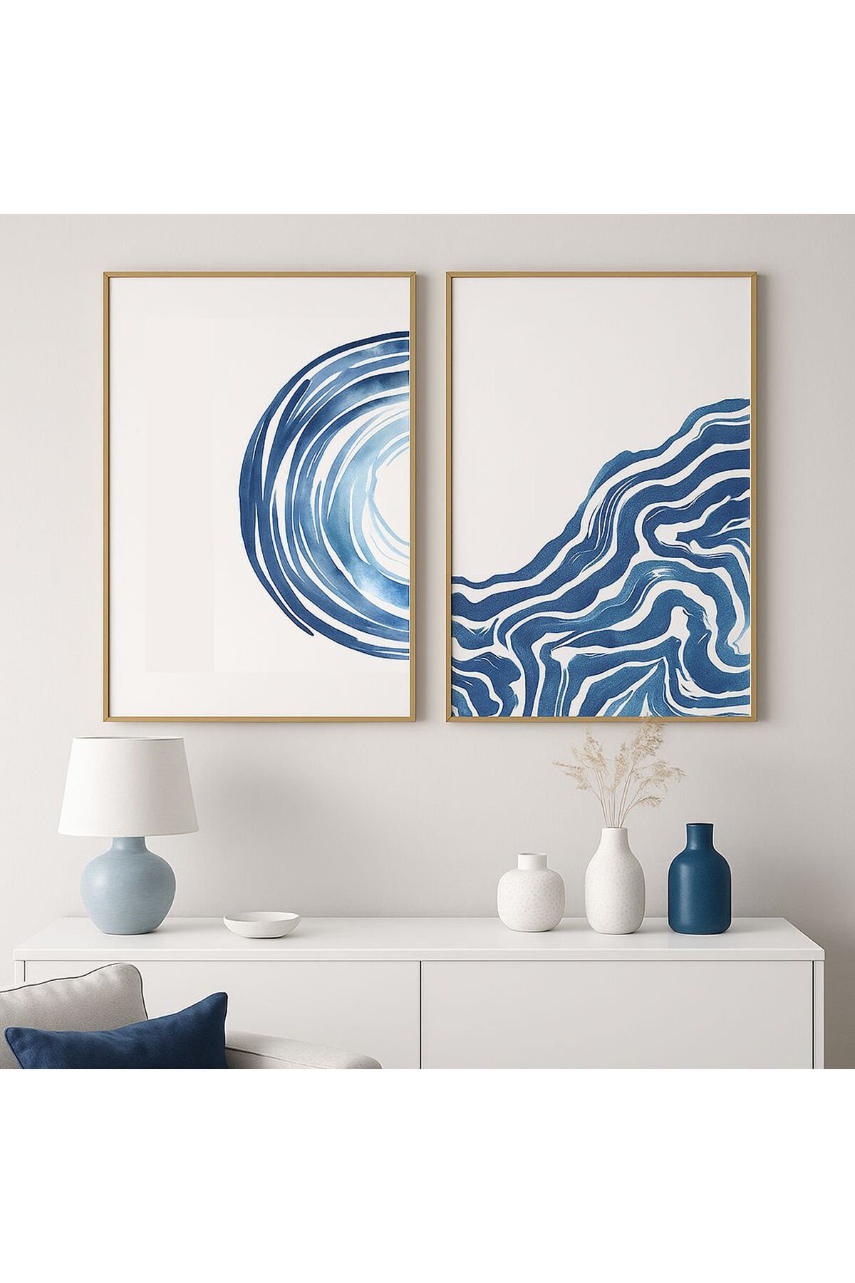 2li Gold Metal Çerçeve Mavi Beyaz Camlı Tablo Seti