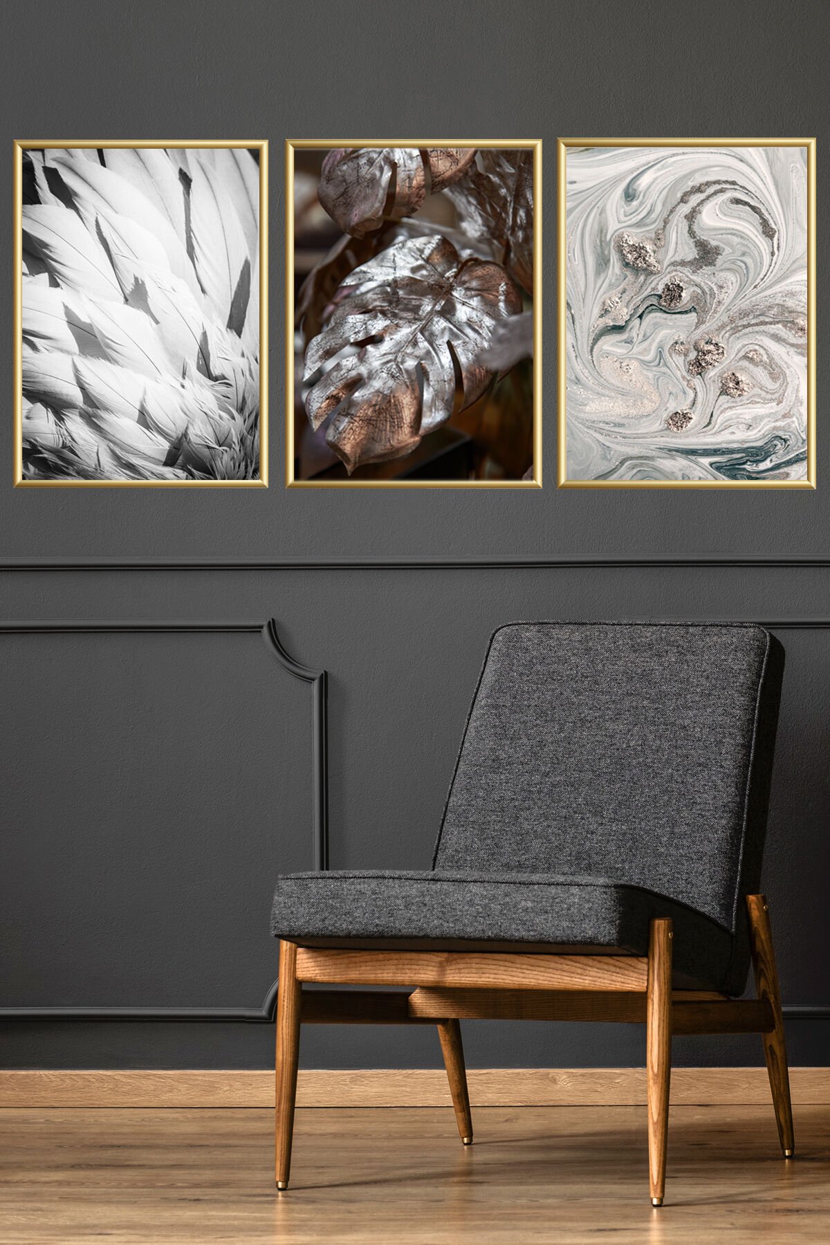 Üçlü Gold Alüminyum Camlı Yaprak Çerçeveli Poster Seti