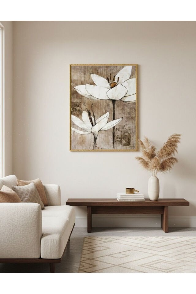 Tekli Gold Metal Kahve Beyaz Çiçek Camlı Tablo Seti