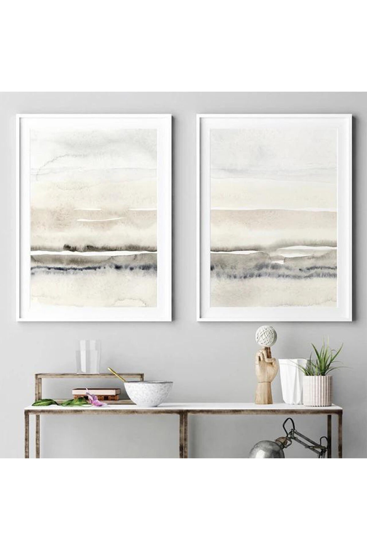 İkili Beyaz İnce Metal Çerçeve Soft Gri Cam Tablo Seti