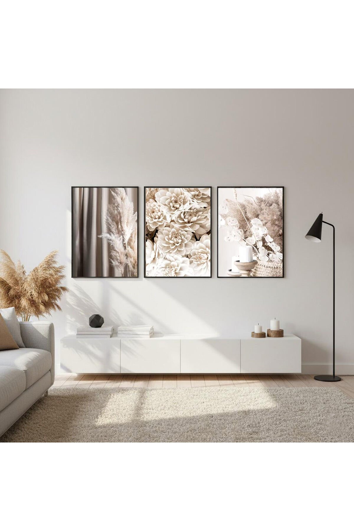 Üçlü Siyah Metal Çerçeve Soft Mum Çiçek Poster Cam Tablo Seti