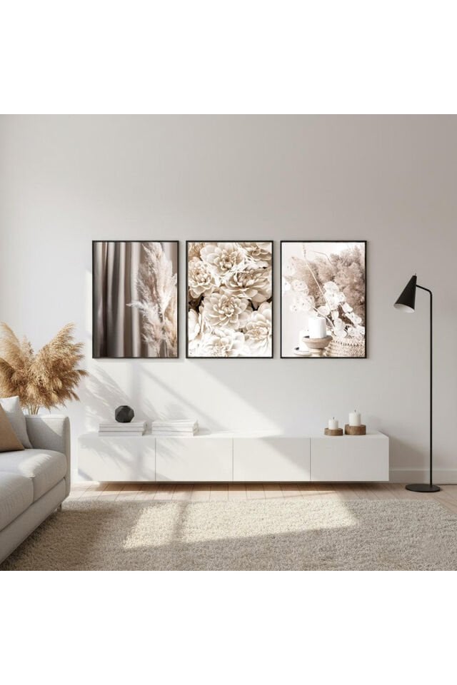 Üçlü Siyah Metal Çerçeve Soft Mum Çiçek Poster Cam Tablo Seti