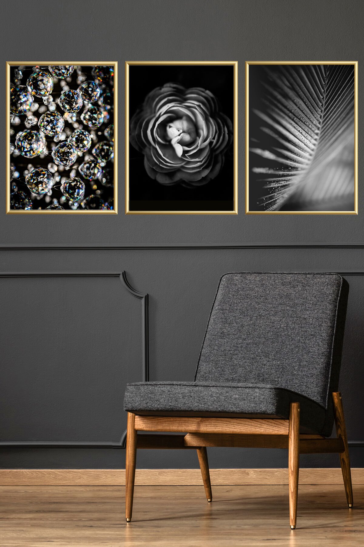 3lü Siyah Gold Alüminyum Çerçeveli Camlı Poster Seti