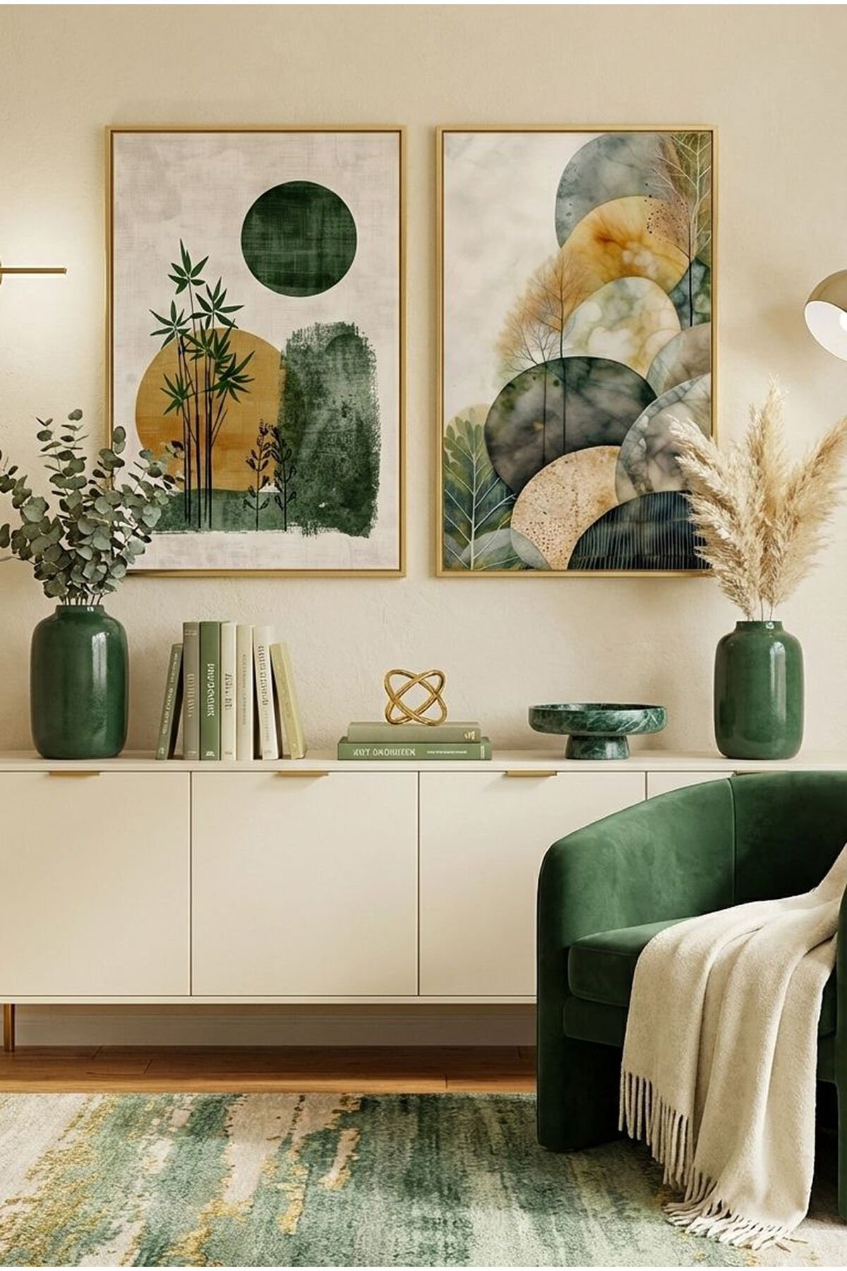 2li Gold Metal Çerçeve Yeşil Sarı Bohem Camlı Poster Tablo Seti