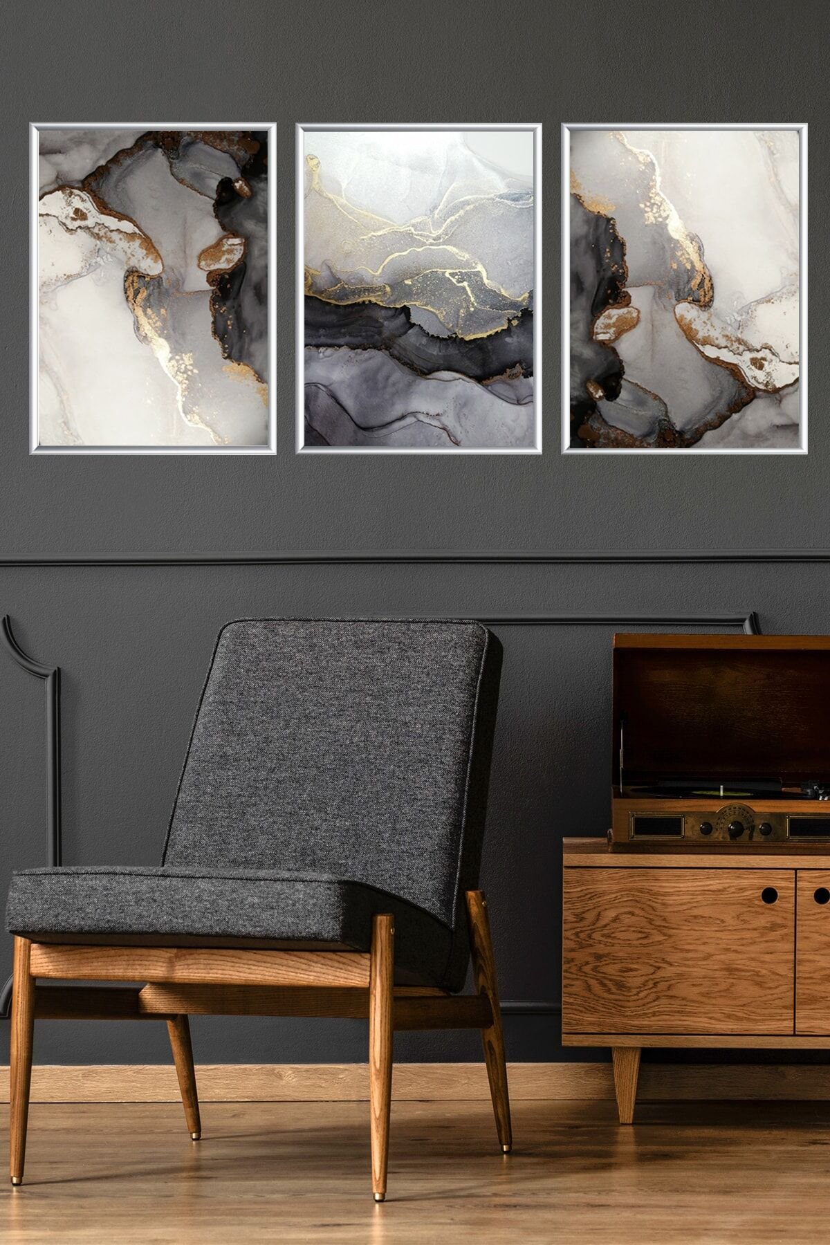Üçlü Mermer Desenli Gümüş Renkli Metal Çerçeveli Poster Seti