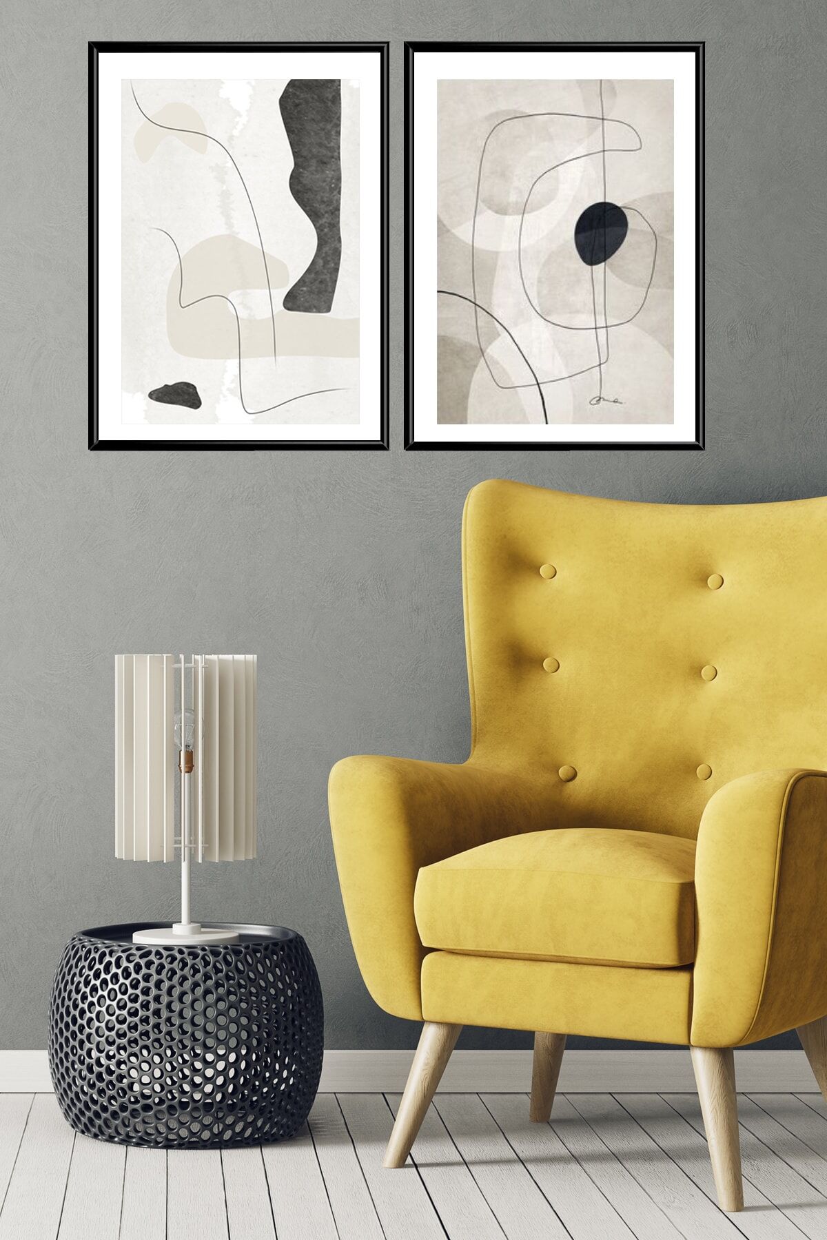 Ikili Siyah Alüminyum Metal Çerçeveli Soyut Geometrik Siyah Camlı Poster Tablo Seti