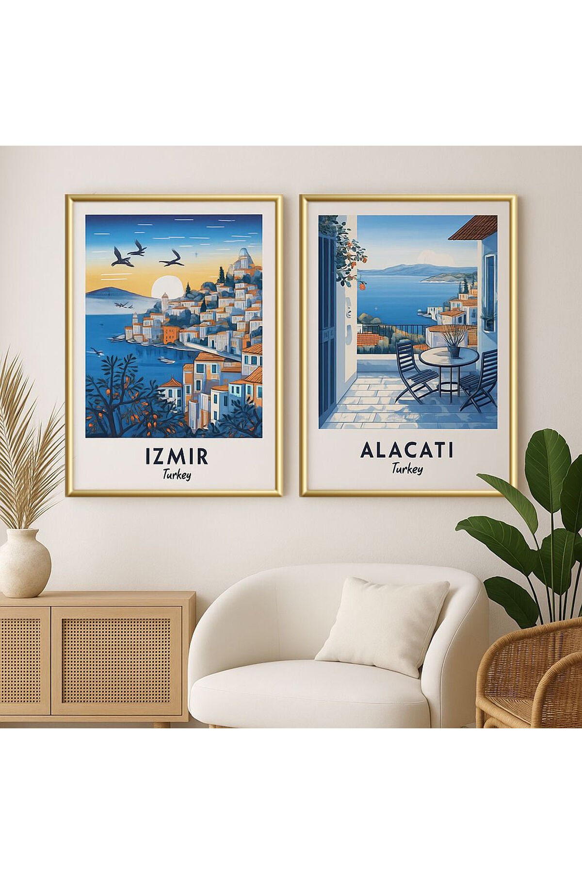 2li Gold Metal Çerçeve İzmir Alaçatı Ege Camlı Poster Tablo Seti