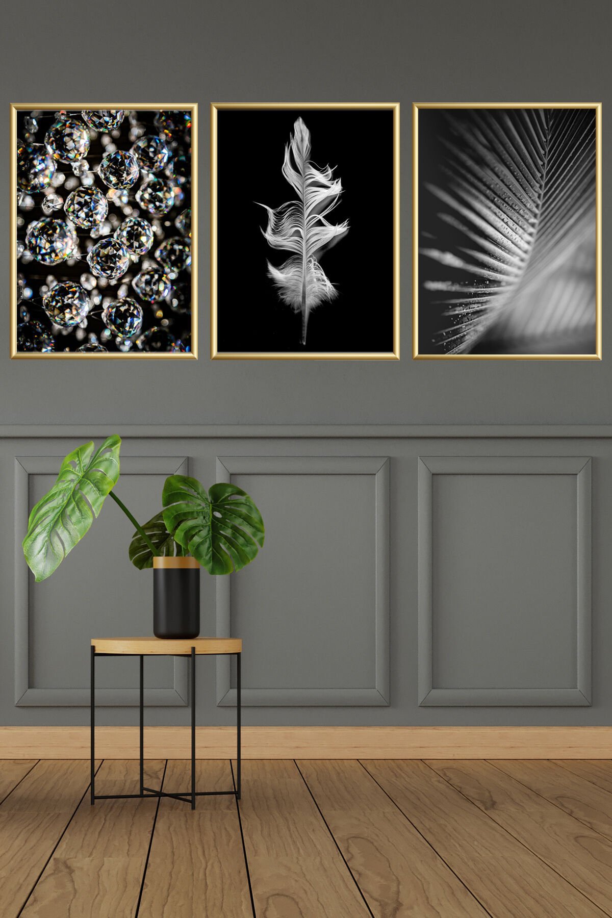 Üçlü Gold Metal Alüminyum Siyah Yaprak Tüy Çerçeveli Poster Camlı Seti