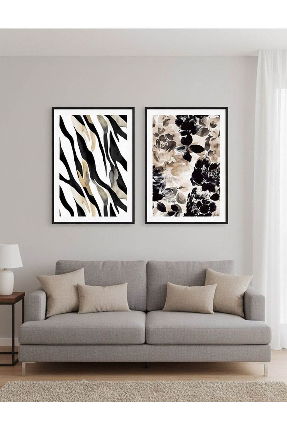 İkili Siyah Metal Çerçeve Kahve Desen Camlı Tablo Seti