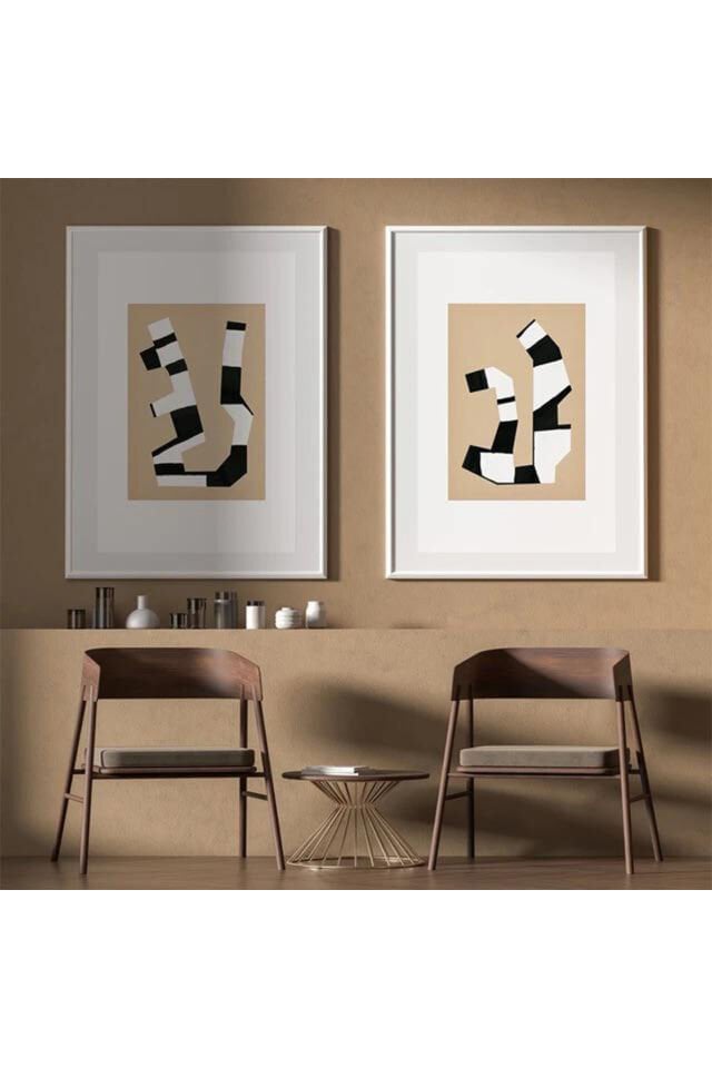 İkili Beyaz İnce Metal Çerçeve Krem Soyut Cam Tablo Seti