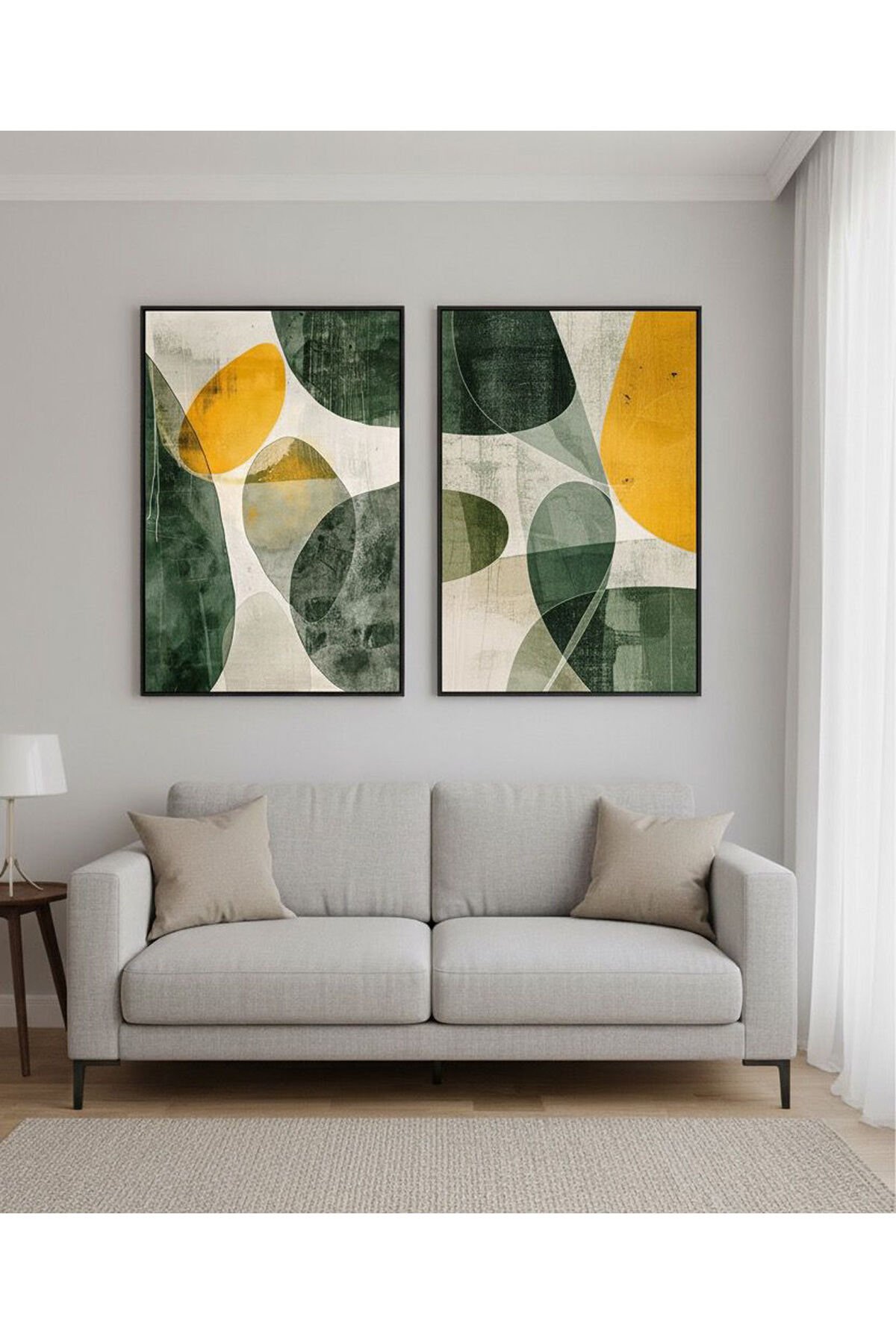 İkili Siyah Metal Çerçeve Yeşil Sarı Çiçek Camlı Tablo Seti