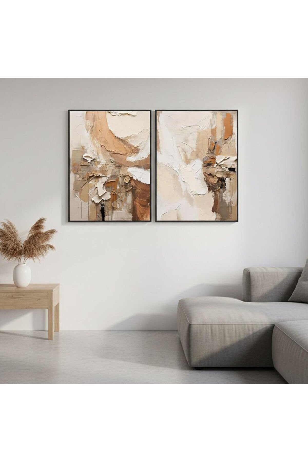 İkili Siyah Metal Çerçeve Kahve Sanatsal Dijital Camlı Tablo Seti