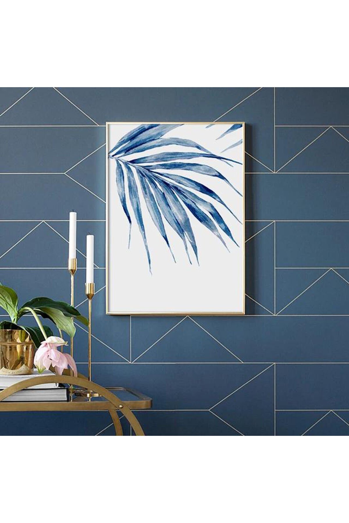 Tekli Beyaz Metal Çerçeveli Mavi Yaprak Poster Cam Tablo Seti