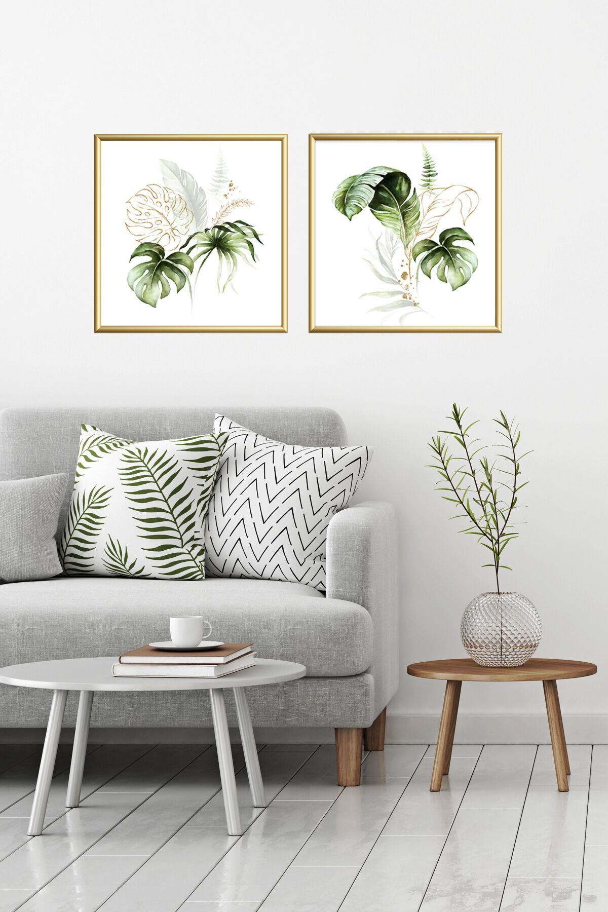 Ikili Gold Alüminyum Beyaz Yeşil Yaprak Çerçeveli Camlı Tablo Poster Seti
