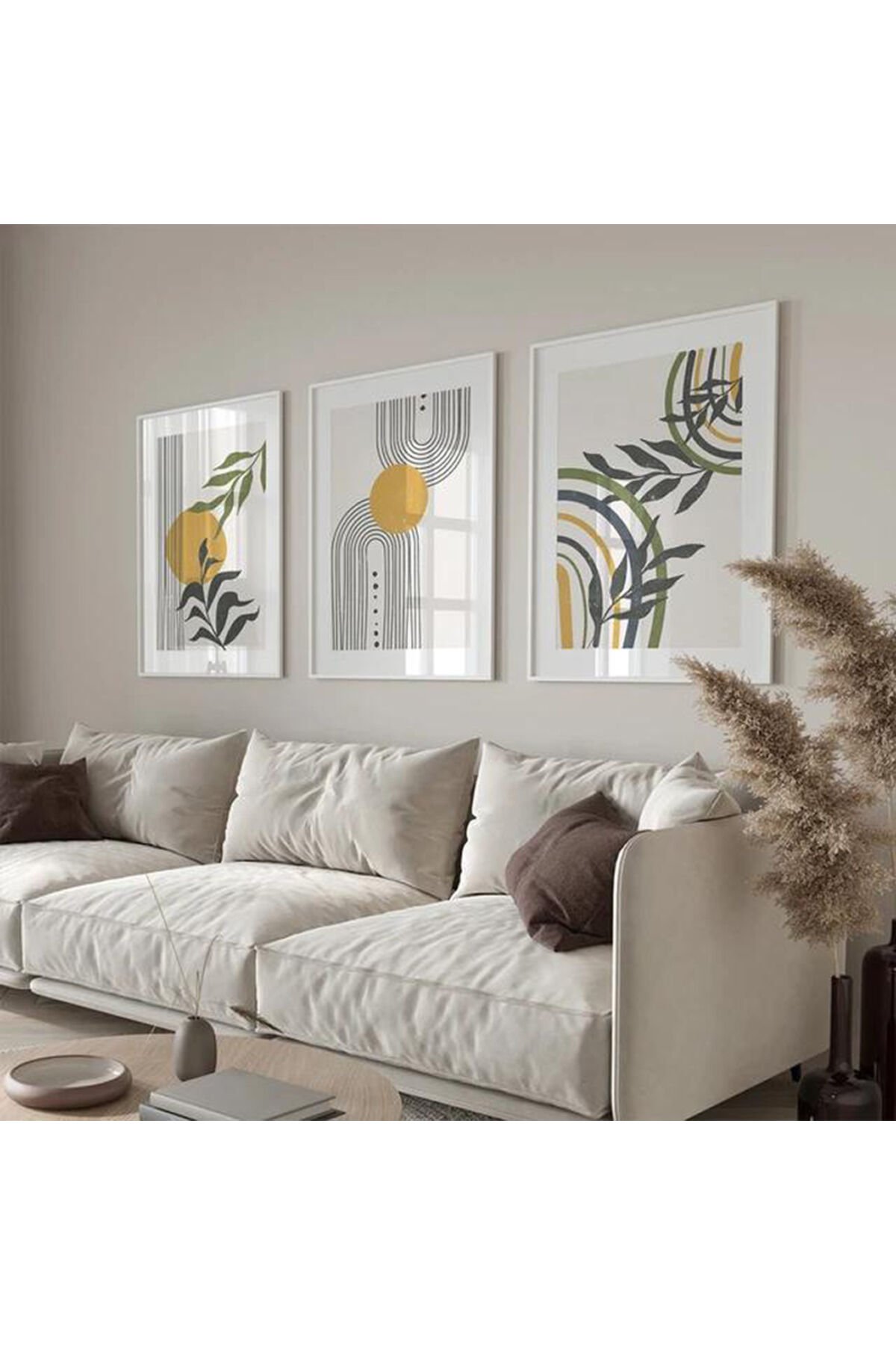 Üçlü Beyaz Metal Çerçeve Yeşil Sarı Bohem Cam Tablo Seti