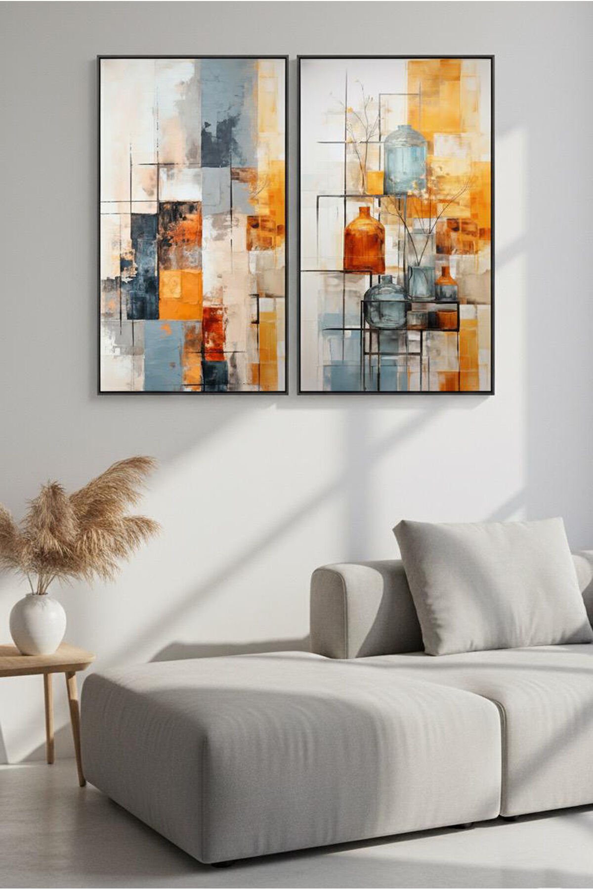 İkili Siyah Metal Çerçeve Renkli Sanatsal Camlı Tablo Seti