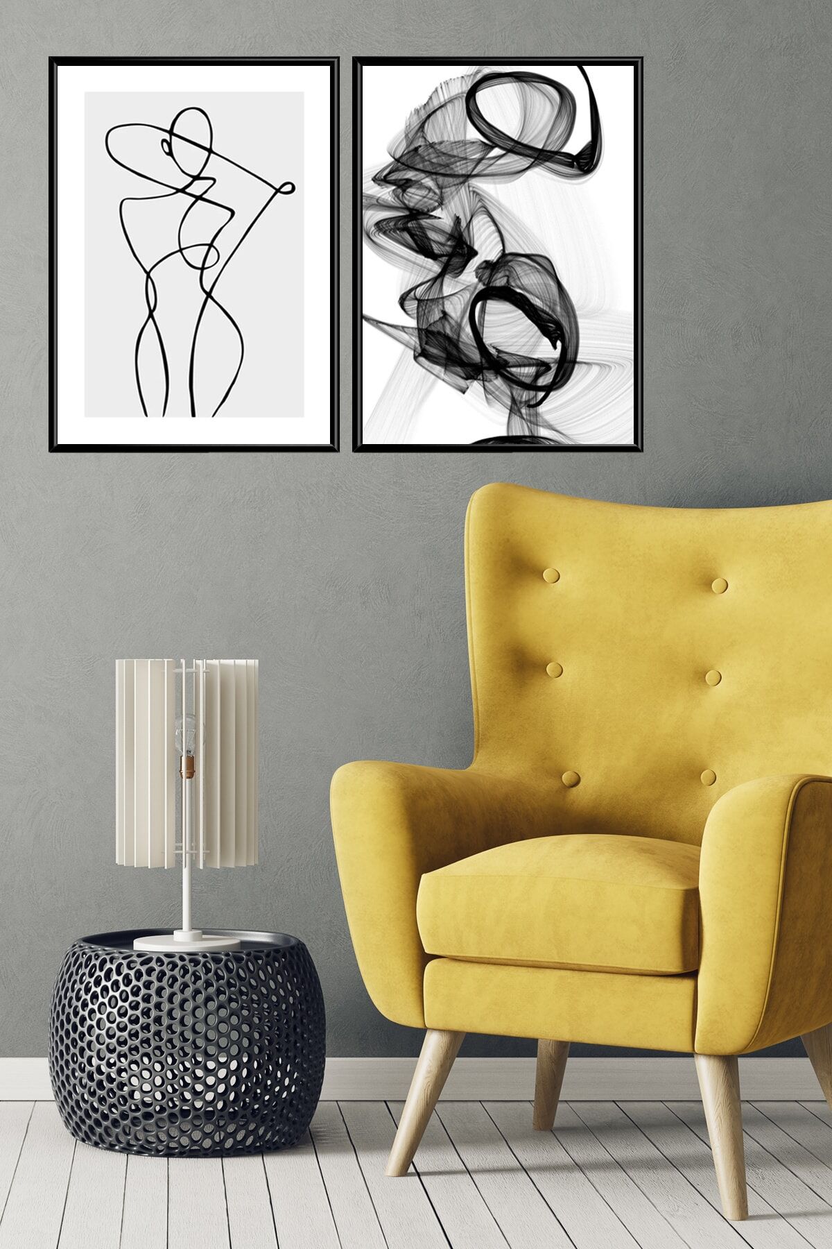 Ikili Siyah Alüminyum Metal Çerçeveli Soyut Çizgisel Kadın Silüet Camlı Poster Tablo Seti