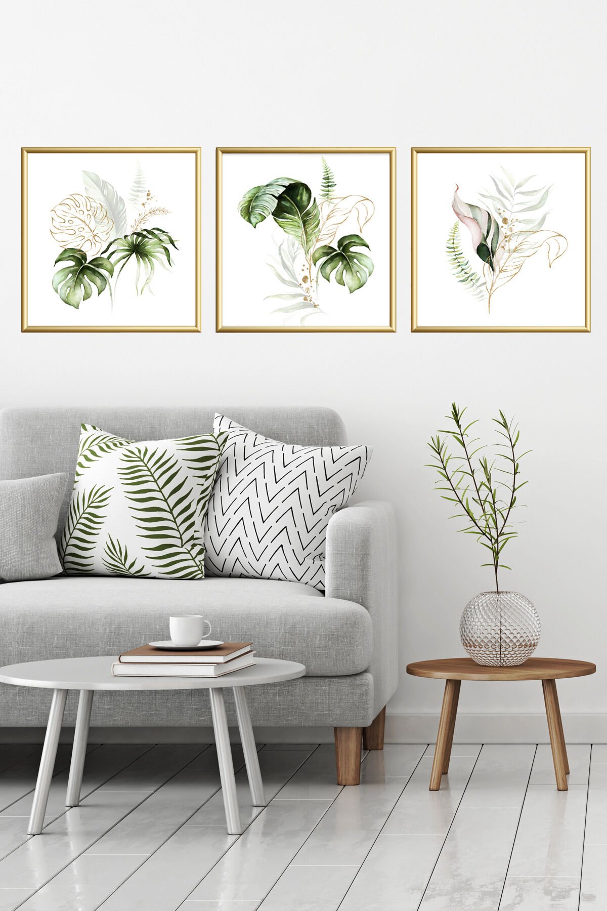 Üçlü Gold Metal Alüminyum Beyaz Yeşil Yaprak Camlı Çerçeveli Poster Seti