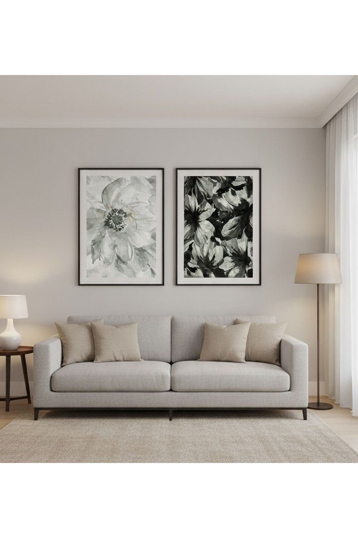 İkili Siyah Metal Çerçeve Yeşil Çiçek Camlı Tablo Seti