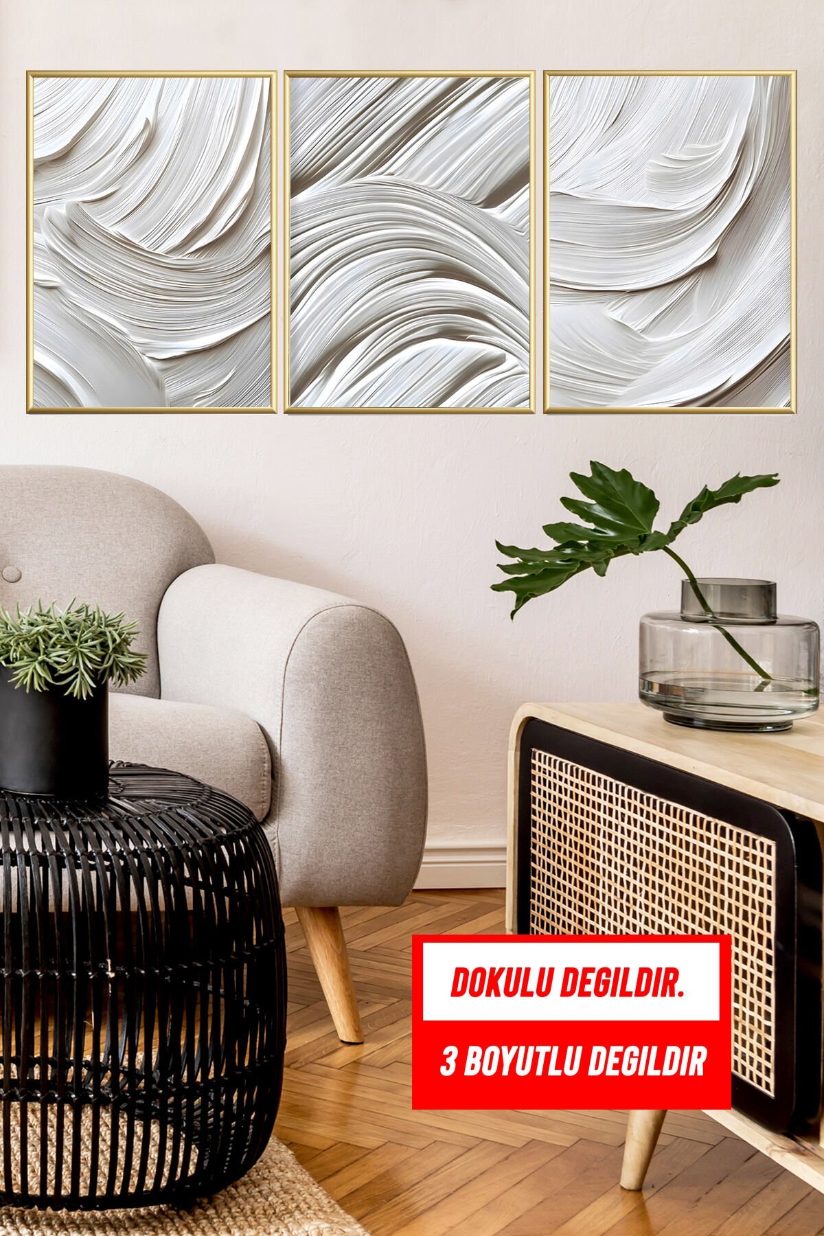Üçlü Gold Metal Çerçeve Kırık Beyaz Dalga Poster Camlı Tablo Seti