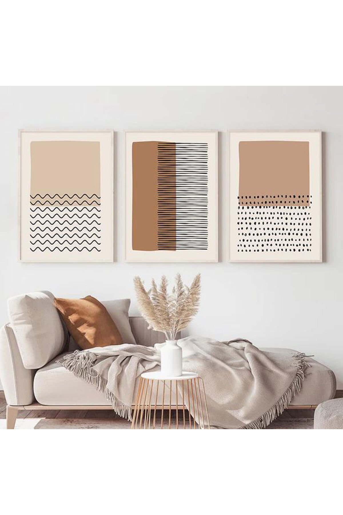 Üçlü Beyaz Metal Çerçeve Çizgiler Kahverengi Cam Tablo Seti