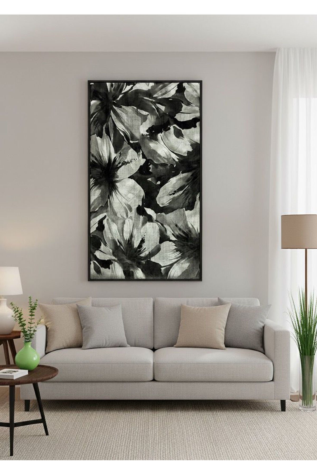 Tekli Siyah Metal Çerçeve Yeşil Çiçek Camlı Tablo Seti