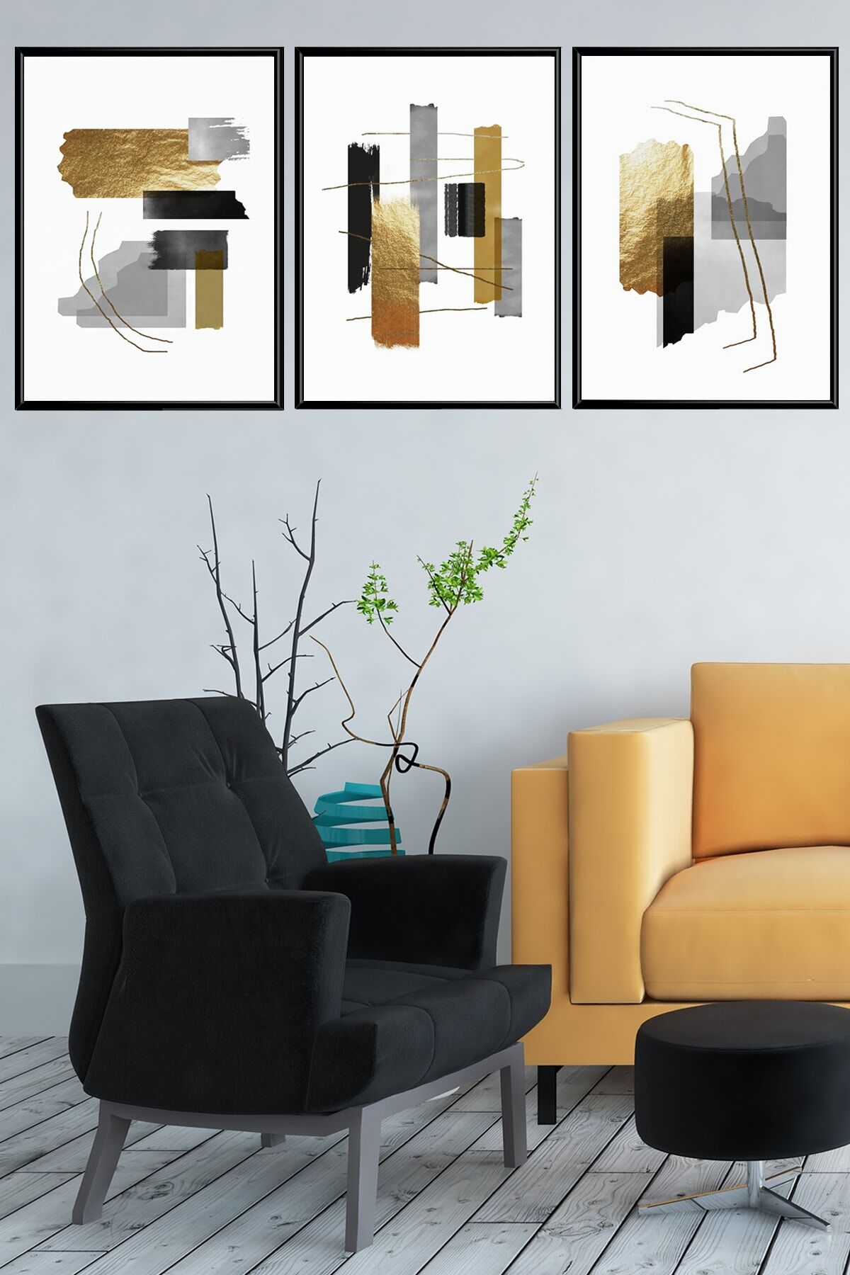 Üçlü Siyah Alüminyum Metal Çerçeveli Geometrik Soyut Siyah Beyaz Camlı Poster Tablo Seti