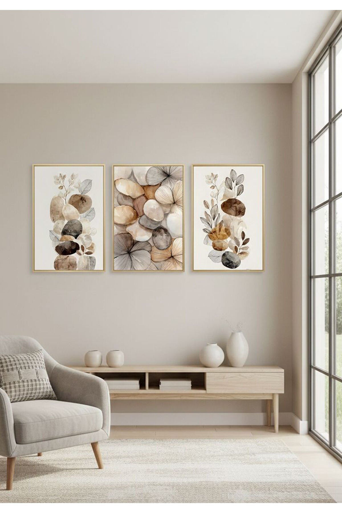Üçlü Gold Metal Çerçeve Kahve Çiçek Beyaz Poster Camlı Tablo Seti