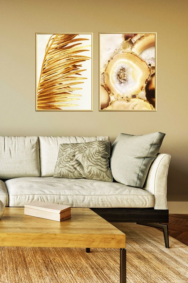 2li Gold Alüminyum Yaprak Camlı Çerçeveli Tablo Poster Seti