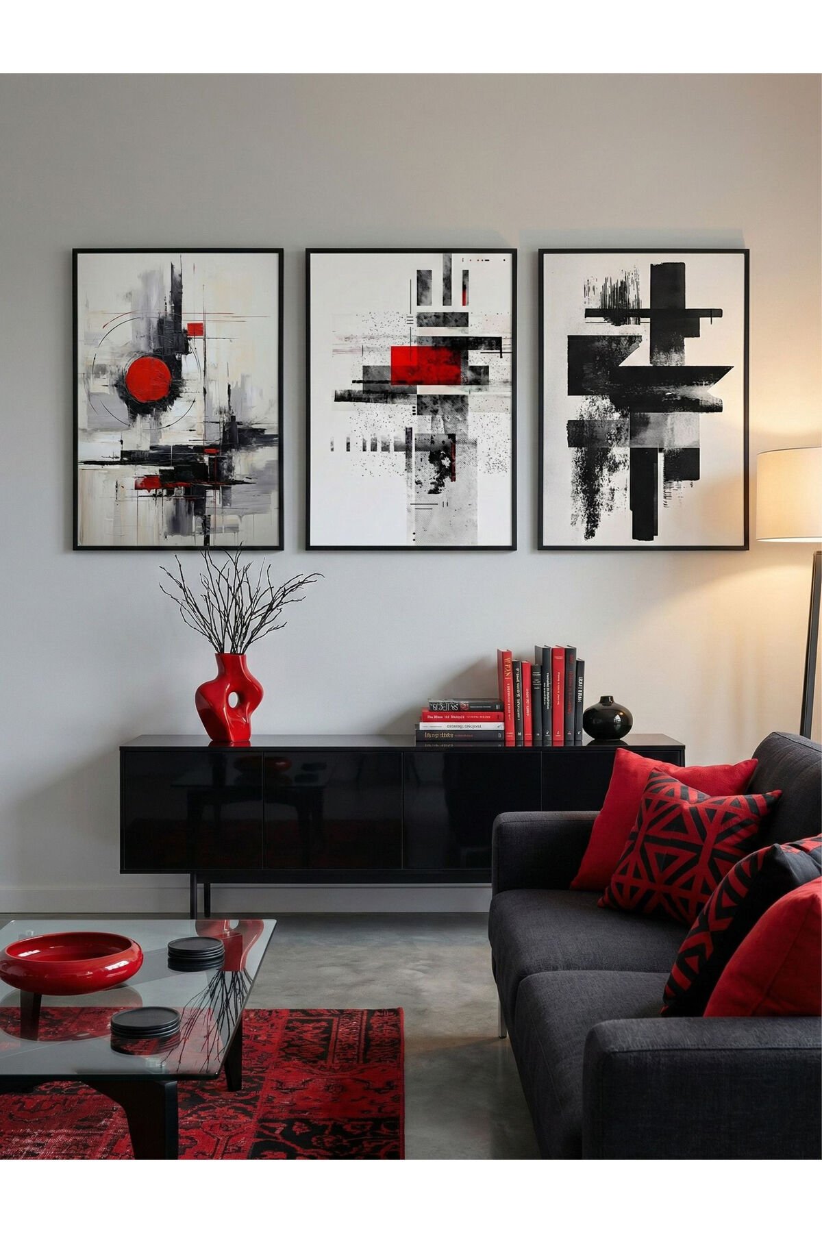 Üçlü Siyah Metal Kırmızı Beyaz Sanatsal Poster Camlı Tablo Seti