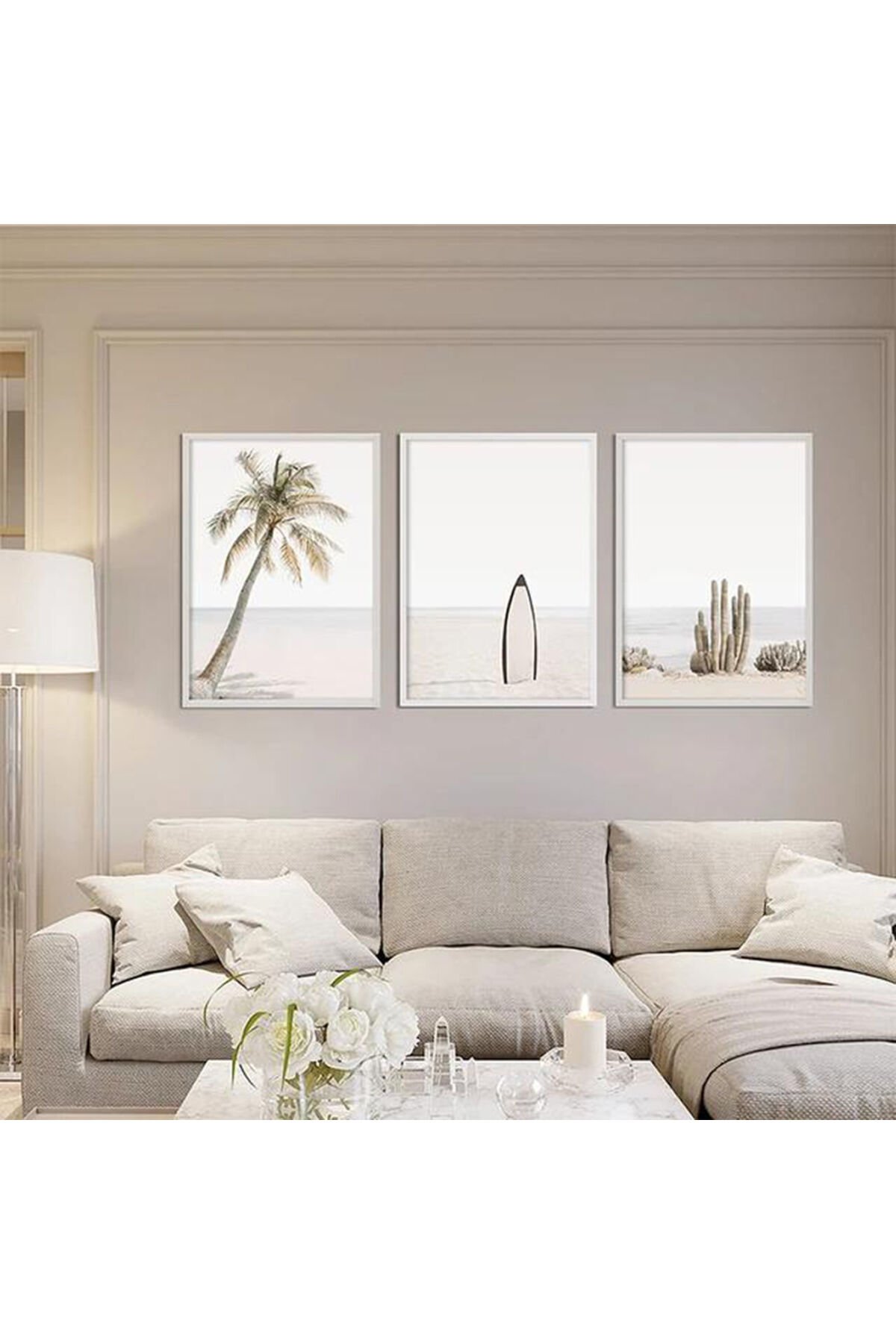Üçlü Beyaz Metal Çerçeve Sahil Palmiye Surf Cam Tablo Seti