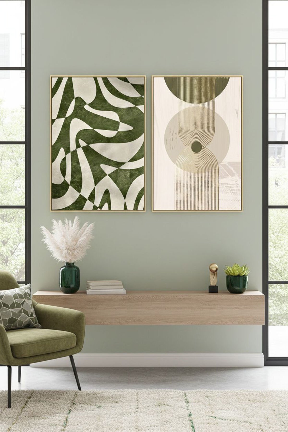 2li Gold Metal Çerçeve Soft Yeşil Bohem Camlı Poster Tablo Seti