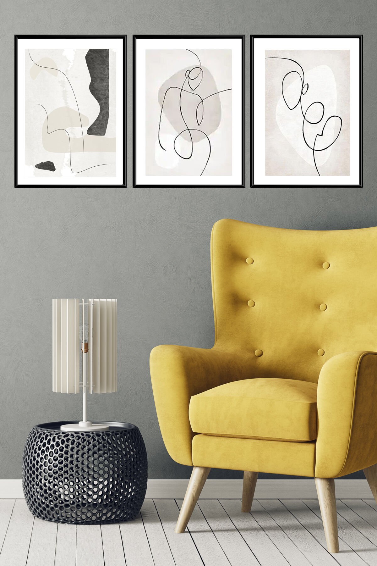 Üçlü Siyah Alüminyum Metal Çerçeveli Geometrik Soyut Siluet Beyaz Camlı Poster Tablo Seti