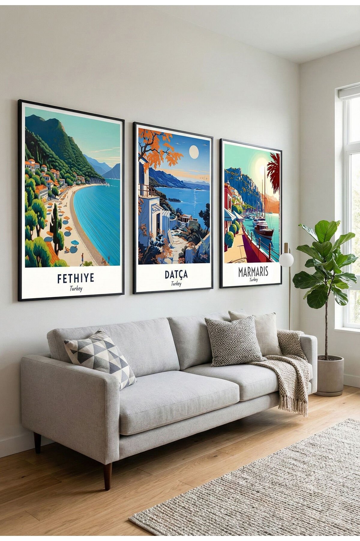 Üçlü Siyah Metal Fethiye Datça Marmaris Camlı Tablo Seti