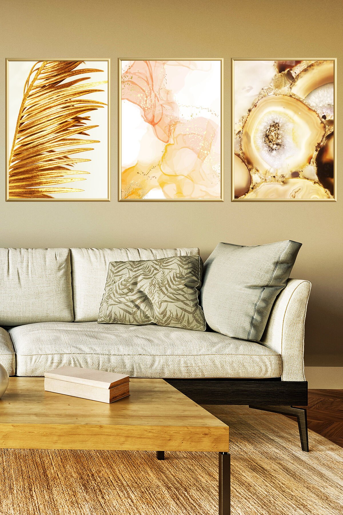 Üçlü Gold Alüminyum Palmiye Camlı Çerçeveli Poster Seti