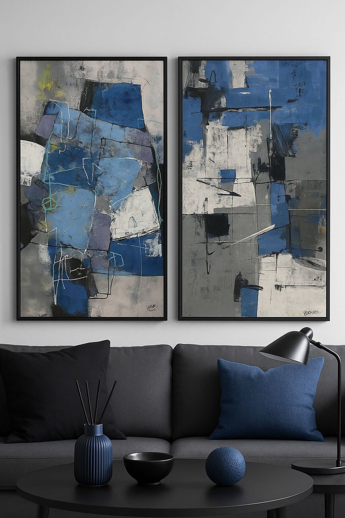 İkili Siyah Metal Çerçeve Mavi Gri Sanatsal Camlı Tablo Seti