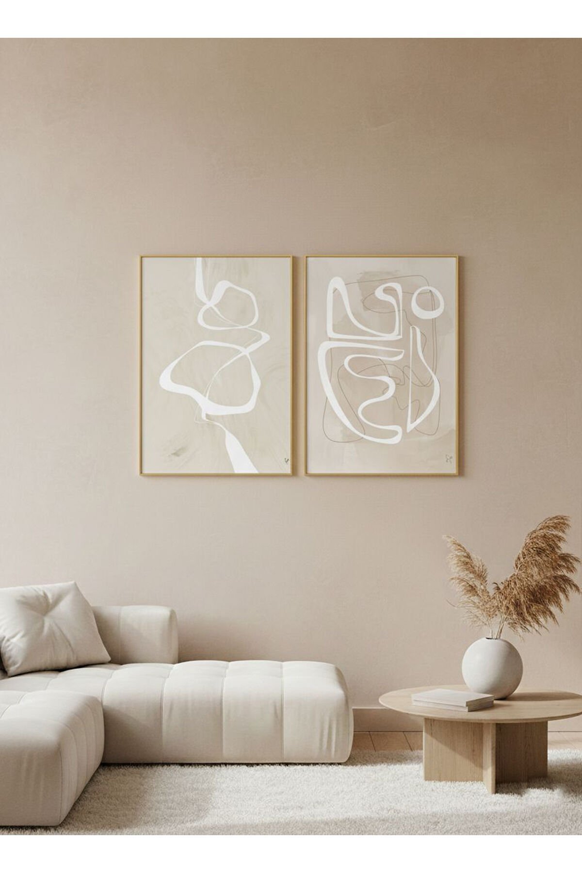 2li Gold Metal Çerçeve Krem Bej Bohem Camlı Tablo Seti