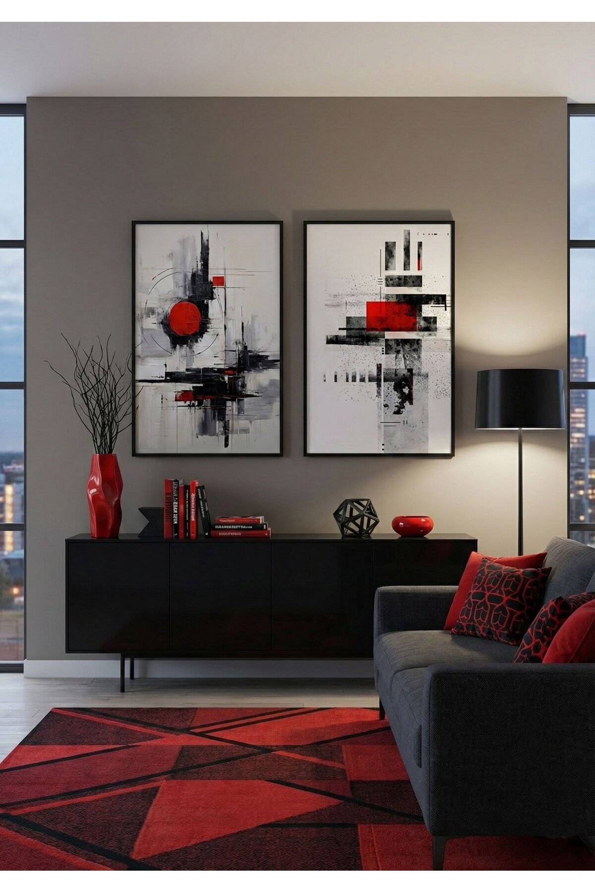 İkili Siyah Metal Çerçeve Kırmızı Beyaz Sanatsal Dijital Camlı Tablo Seti