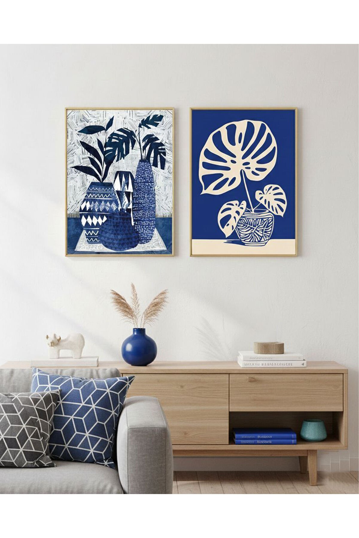 2li Gold Metal Çerçeve Mavi Beyaz Saksı Camlı Tablo Seti