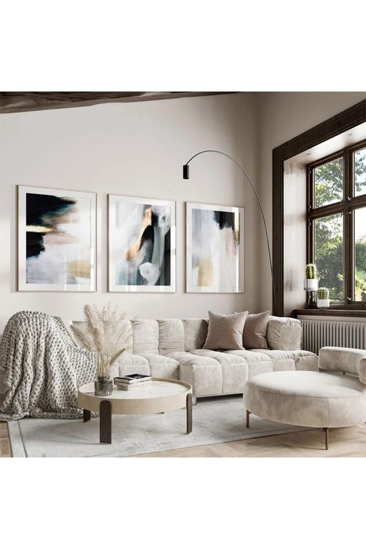 Üçlü Beyaz Metal Çerçeve Mavi Soyut Cam Tablo Seti