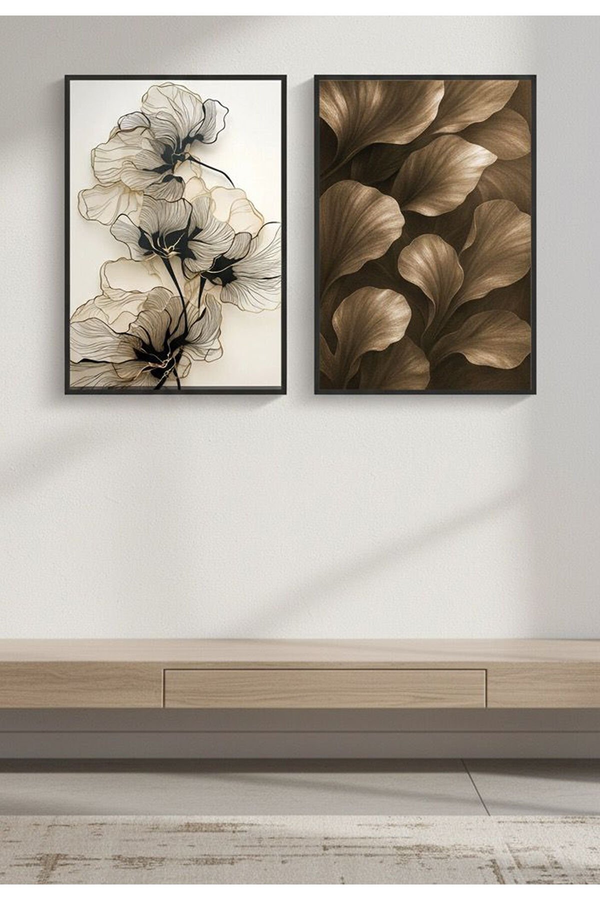 İkili Siyah Metal Çerçeve Kahve Yaprak Çiçek Camlı Tablo Seti