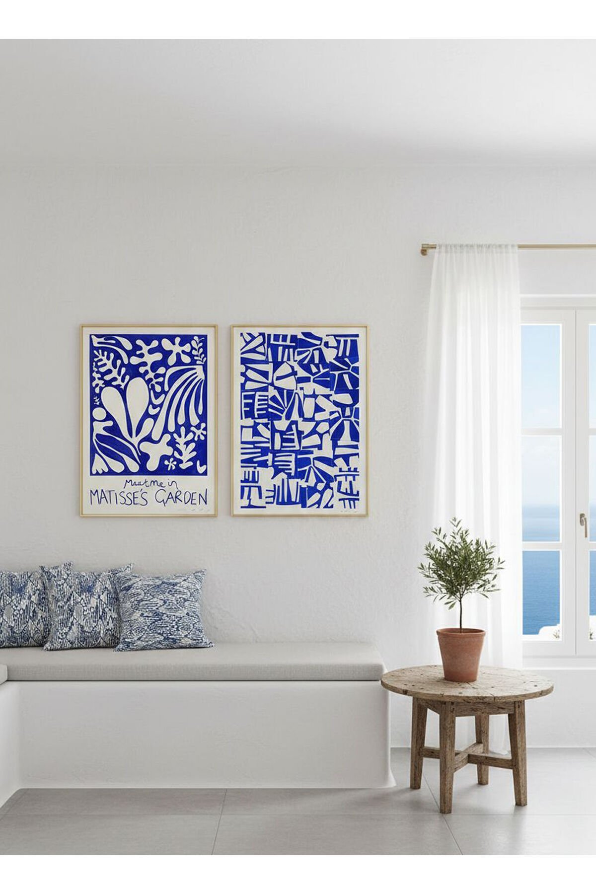 2li Gold Metal Çerçeve Mavi Beyaz Sanat Camlı Tablo Seti
