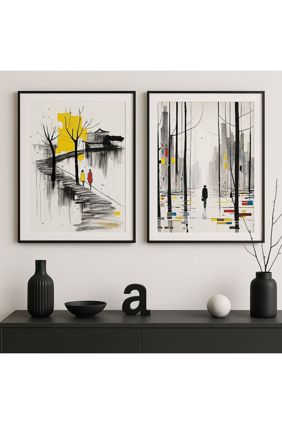İkili Siyah Metal Çerçeve Ağaç Yol Camlı Tablo Seti