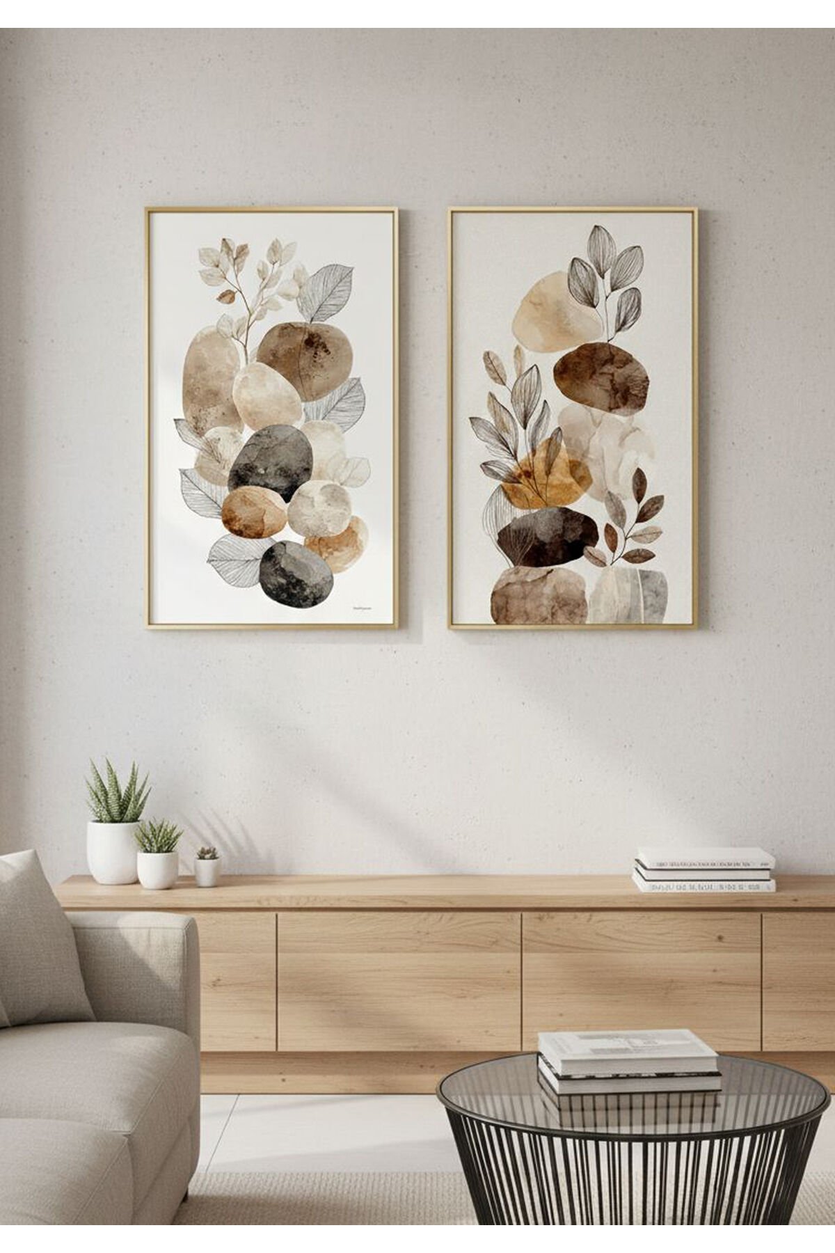 2li Gold Metal Çerçeve kahve Beyaz Çiçek Camlı Tablo Seti