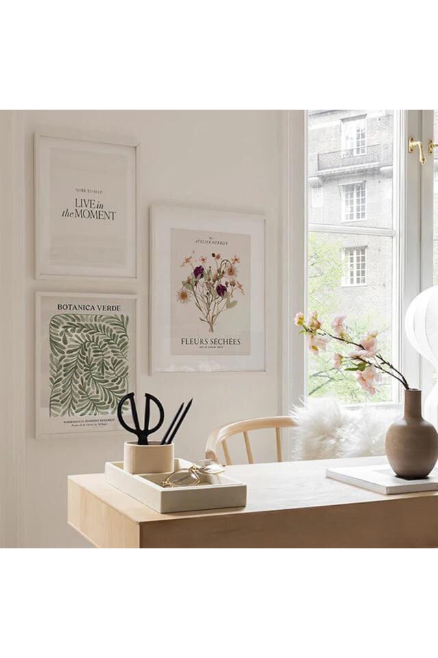 Üçlü Beyaz Metal Çerçeve Çiçek Botanik Yeşil Cam Tablo Seti