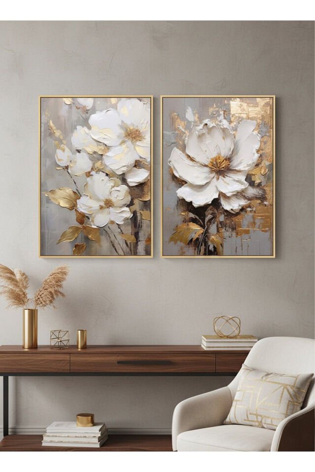 2li Gold Metal Çerçeve Gümüş Çiçek Camlı Tablo Seti Gold - 30 X 40