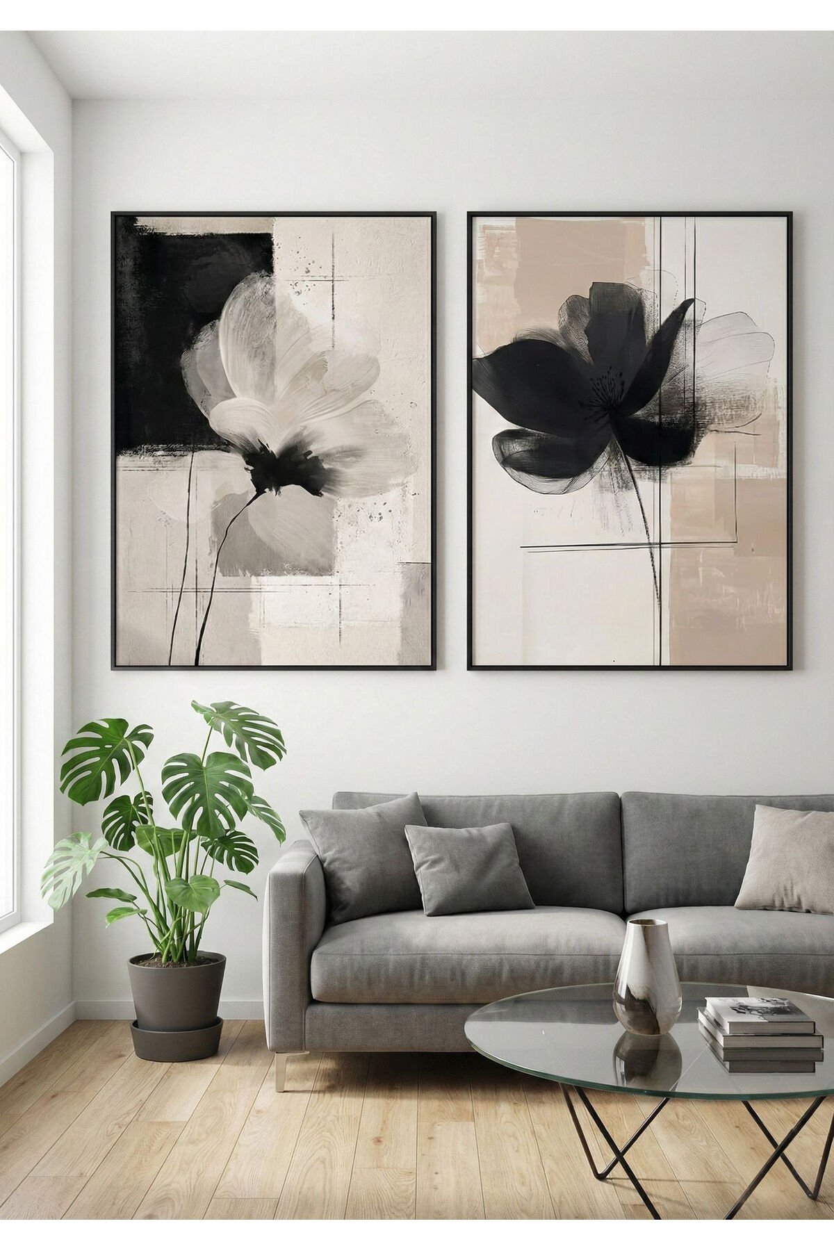 İkili Siyah Metal Çerçeve Kahve Çiçek Camlı Tablo Seti