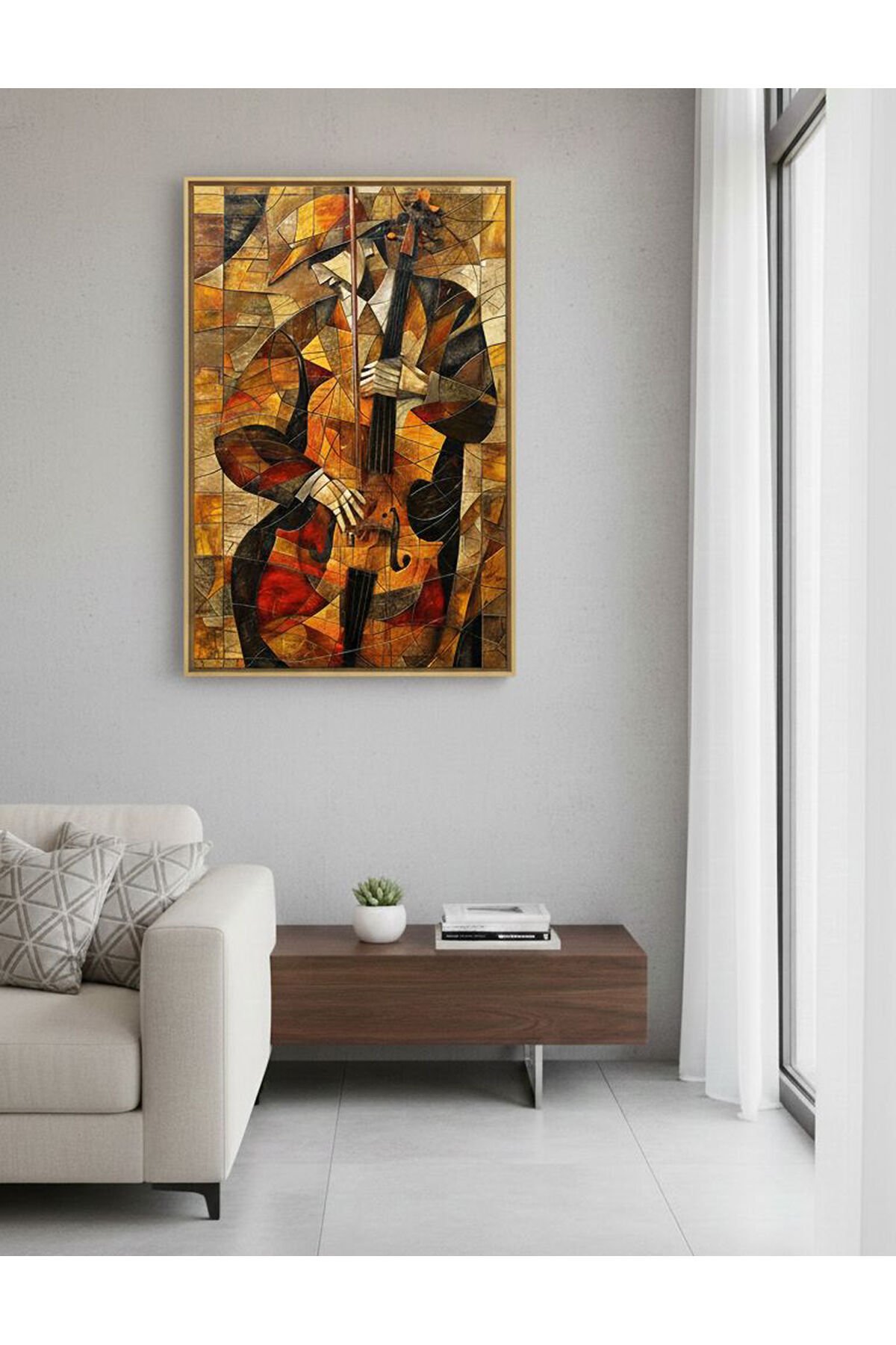 Tekli Gold Metal Kahve Müzisyen Çello Camlı Tablo Seti