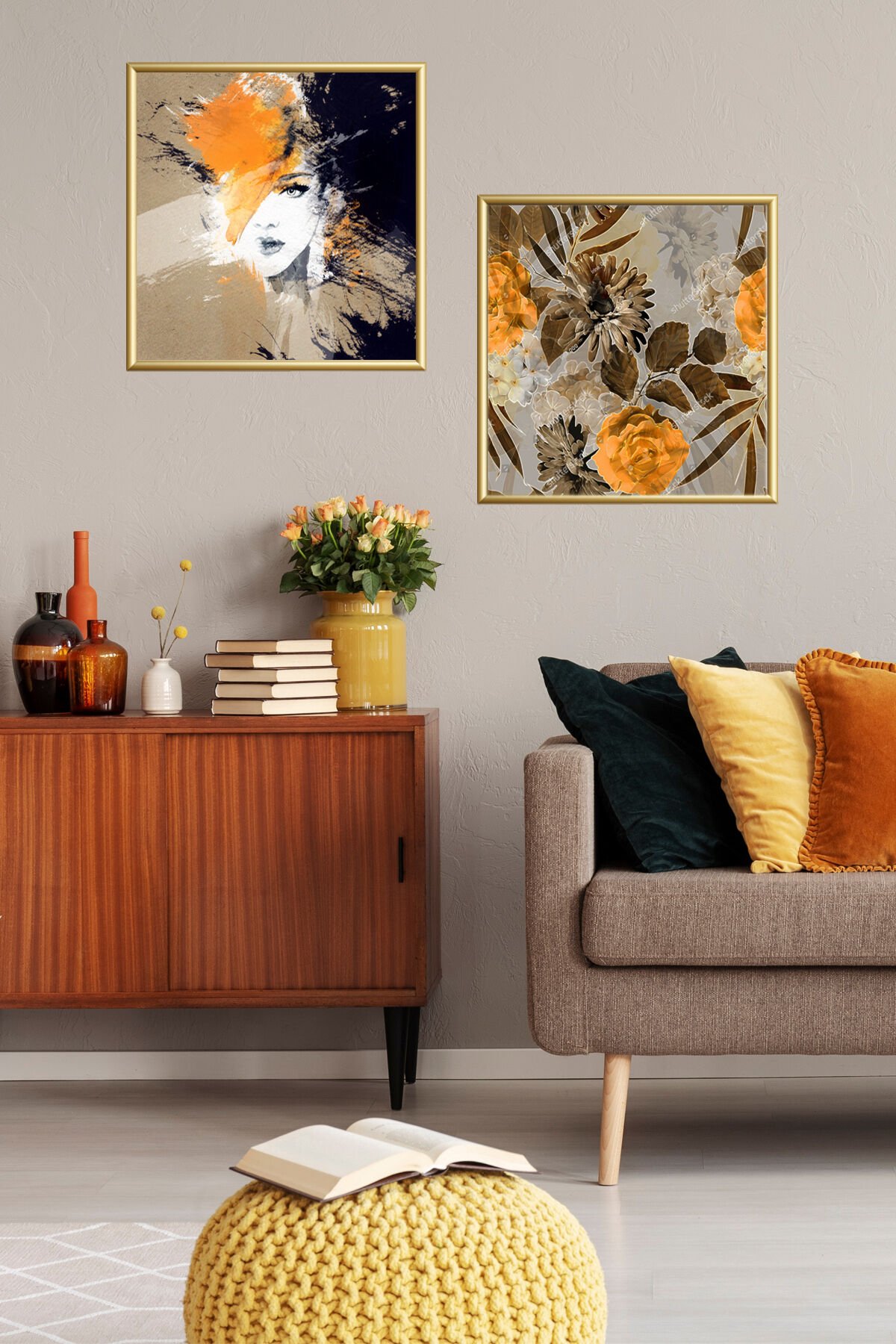 Ikili Gold Alüminyum Kare Kadın Camlı Çerçeveli Poster Seti